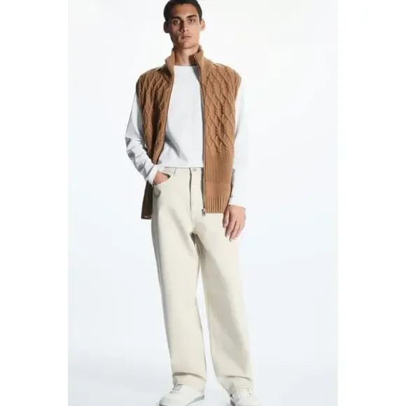 COS Men's Cable Knit Sweater Vest 100% Wool Sleeveless Full Zip Rib Knit, Tan - Picture 14 of 14